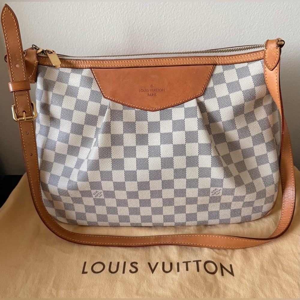 Louis Vuitton Damier Azur Crossbody Bag with Tan Leather Trim